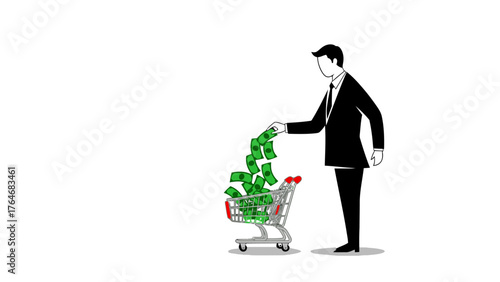 Man in a suit pouring money into a shopping cart