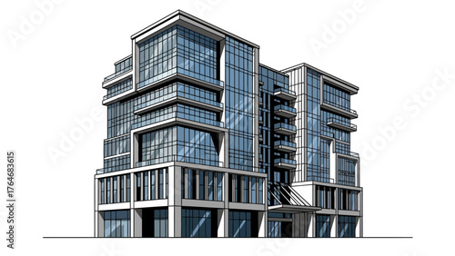 Modern glass and concrete apartment building with balconies