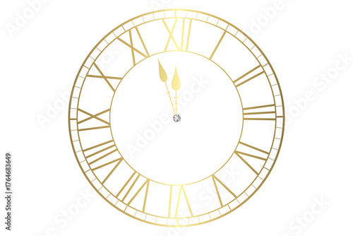 Golden clock showing midnight isolated on transparent background