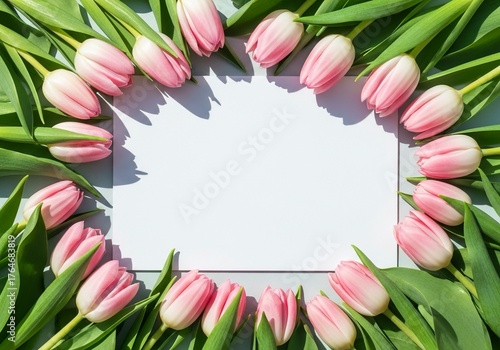 Wallpaper Mural Delicate pink tulips frame a clean white space, perfect for invitations, announcements, or spring greetings, evoking freshness and natural beauty with vibrant green leaves and soft shadows. Torontodigital.ca