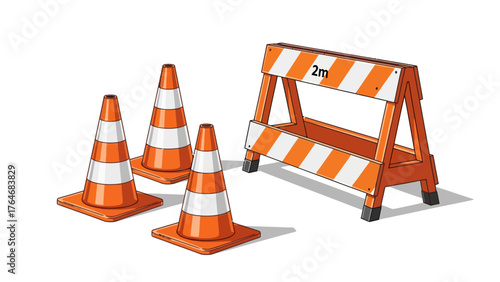 Orange and white striped traffic cones and a barricade