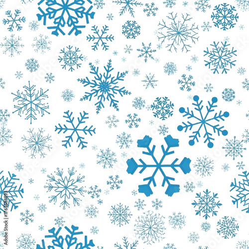 A seamless pattern of various blue snowflakes on a white background with a calming and wintry mood.