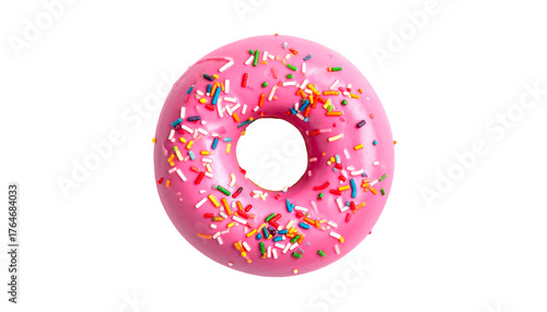 A doughnut with a pink glaze, topped with colorful sprinkles, isolated on a black background, studio shot