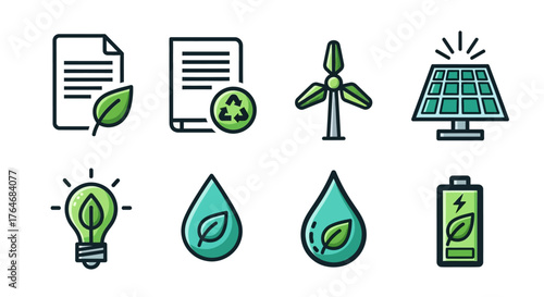 Collection of Eco-Friendly Technology and Sustainability Icons.