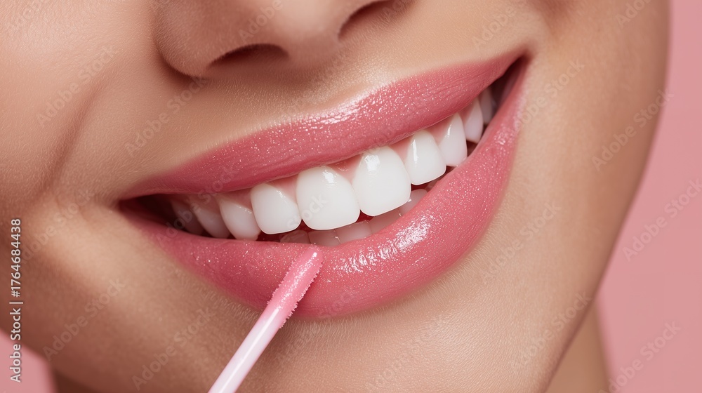 Obraz premium Close-up of a woman applying pink lip gloss to her lips and showing her white teeth, concept for beauty products, cosmetic advertising and makeup tutorials
