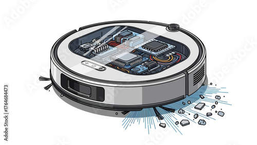Pixel art of a robot vacuum cleaner with internal components visible sweeping debris