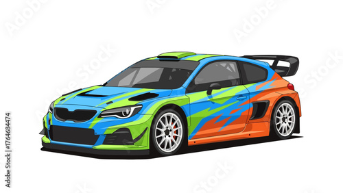 Pixel art of a rally car with a blue green and orange graphic design