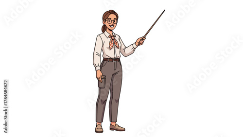 Pixel art of a woman holding a pointer stick