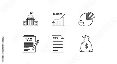 Collection of Financial and Governmental Icons Representing Budget, Tax, and Government Buildings.