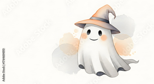 Cute Ghost in Witch Hat for Halloween Illustration.