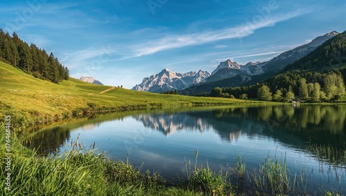 Scenic summer landscape featuring mountains, forest, and water under a clear sky