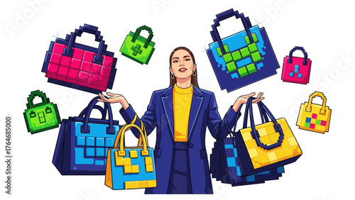 Pixelated woman in a suit surrounded by pixelated shopping bags