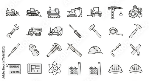 Collection of Hand-Drawn Construction and Engineering Tools and Equipment Icons.