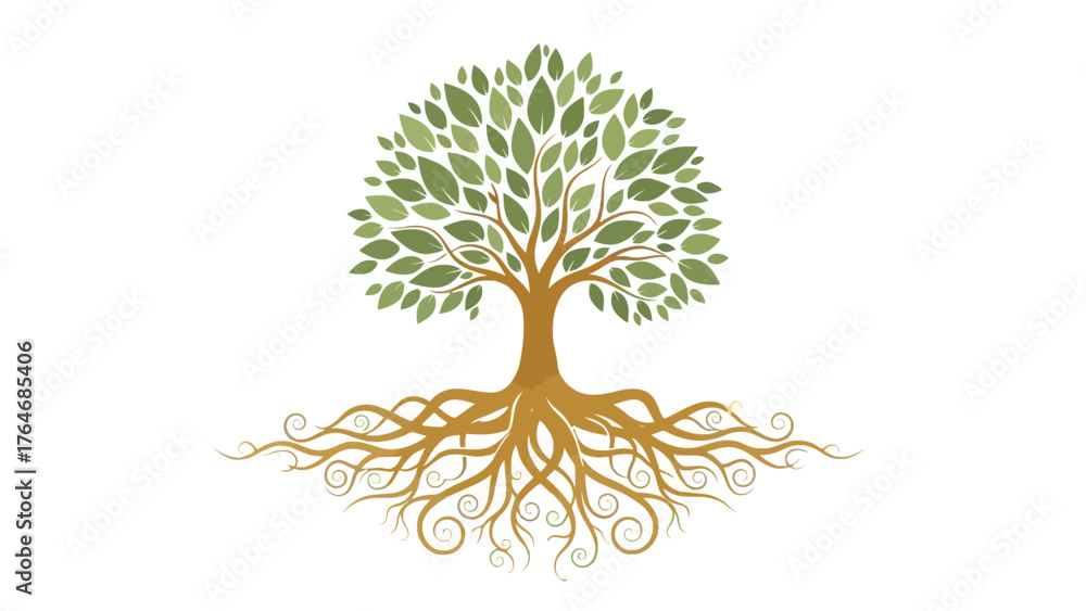 Fototapeta premium Stylized tree with green leaves and brown roots