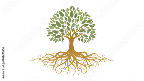 Stylized tree with green leaves and brown roots
