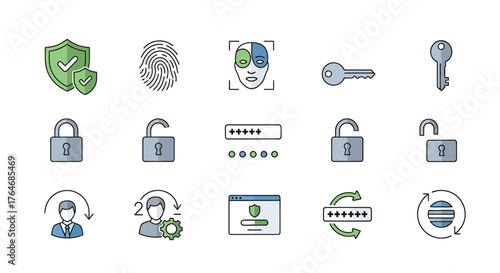 Collection of Hand-Drawn Security Icons Depicting Digital Protection and Access.