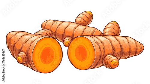 Three vibrant orange turmeric roots on a white background