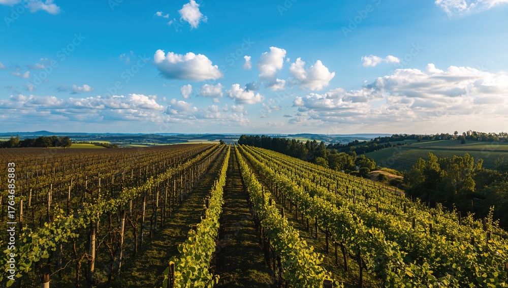 Naklejka premium Aerial view of a stunning vineyard on rolling hills under a clear sky