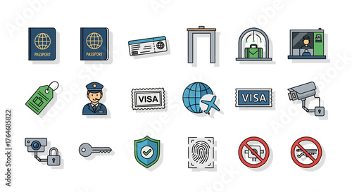 Collection of Hand-Drawn Travel and Security Icons with Various Designs and Styles.