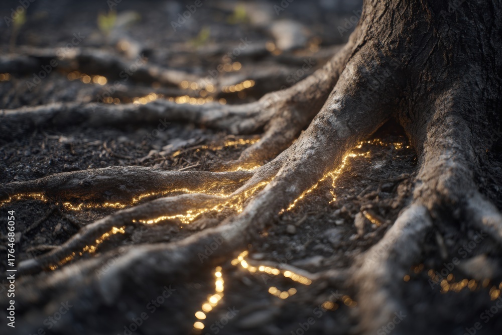 Fototapeta premium macro view of tree roots glowing with golden light under dark soil concept of underground energy connection mycelium network and the hidden communication of nature and life systems