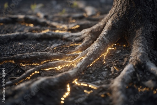 macro view of tree roots glowing with golden light under dark soil concept of underground energy connection mycelium network and the hidden communication of nature and life systems