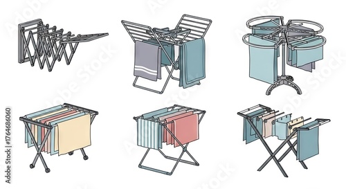 Collage of Laundry Drying Racks in Various Stages of Use with Colorful Towels