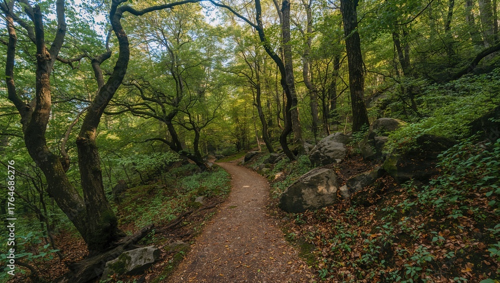 Fototapeta premium Rocky trail winding through a wooded area