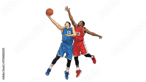 Two basketball players in midair one about to shoot the ball the other defending