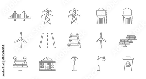 Collection of Industrial and Infrastructure Line Art Icons.