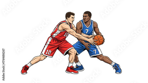 Two basketball players one in red one in blue playing a game