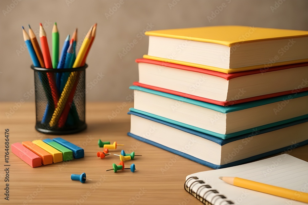 Fototapeta premium Back to School Desk Setup: Stack of Colorful Textbooks, Pencils, Erasers, and Stationery for Study and Education