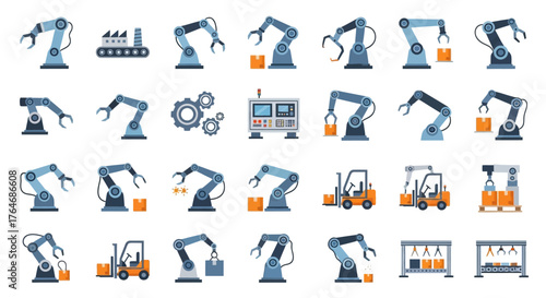 Collection of Industrial Robotic Arms and Forklifts in Various Poses.