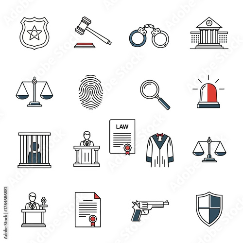 Collection of Law and Justice Icons Depicting Legal Symbols and Elements.