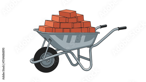 Wheelbarrow filled with red bricks on a white background