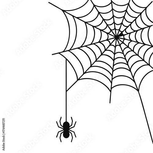 Intricate Black Spiderweb with Dangling Spider Illustration.