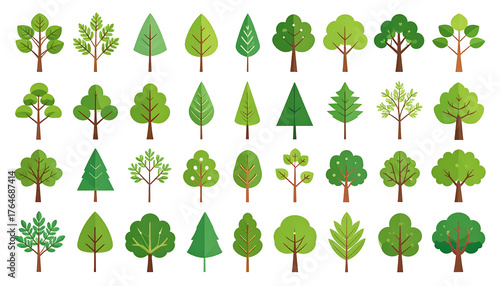 A grid of 40 cartoon trees with diverse foliage shapes and styles against a black background