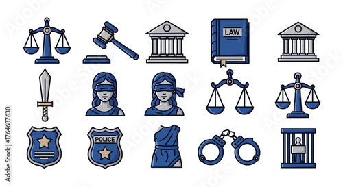 Collection of Legal and Justice System Icons with Scales, Gavel, and Court Building.