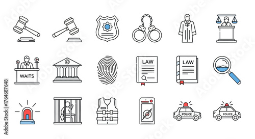 Collection of Legal and Justice System Icons Representing Law Enforcement and Courts.