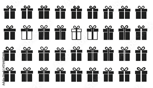 A grid of gift boxes, mostly dark, some with slightly brighter, glowing bow details