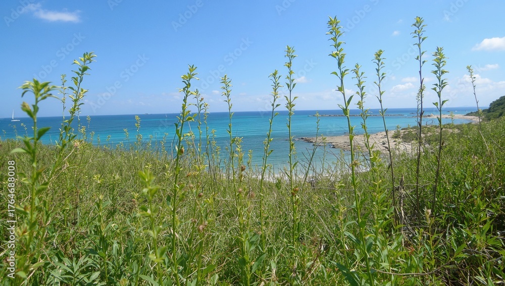 Obraz premium Salicornia vegetation thriving near the coastal waters, showcasing green leaves and natural growth