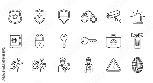 Collection of Line Art Security and Safety Icons Depicting Law Enforcement and Protection.