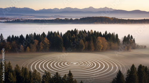 concentric. Mountain valley with concentric air ripples, misty natural landscape. travel magazines, destination branding, designed for travel destination branding, inspires travel planning.