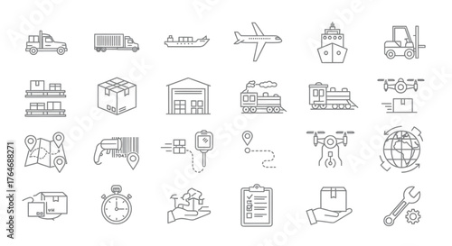 Collection of Linear Icons Representing Logistics and Delivery Services.