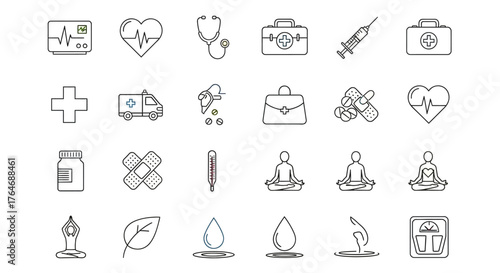 Collection of Medical and Health-Related Icons in Outline Style.