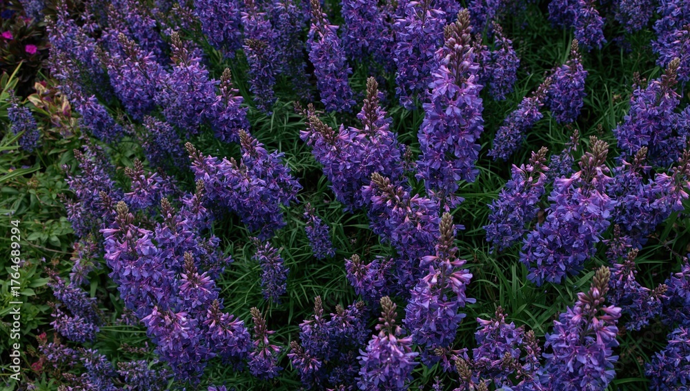 Obraz premium In a lively garden, clusters of purple blossoms burst with color, their deep shades brightening the verdant surroundings.