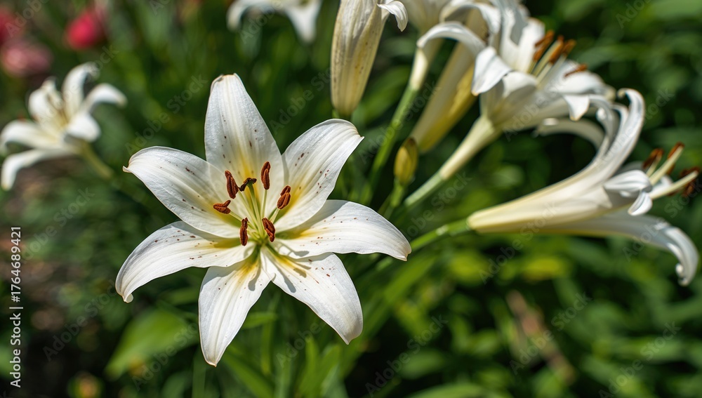 Fototapeta premium Close-up of lily blossoms in a garden setting