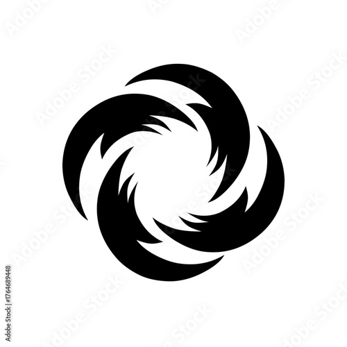 A dynamic black abstract circular logo featuring four swirling, claw-like or flame-like shapes, symbolizing rotation, speed, energy, power, wind, and aggressive, continuous motion or force.