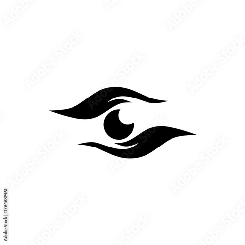 A highly stylized black silhouette of an eye, with the eyelids sweeping in an abstract, fluid manner, symbolizing vision, artistic flair, beauty, mystery, security, and focused observation.