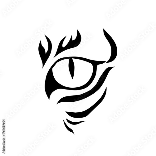 A stylized black and white graphic of a fierce cat or predator's eye with tribal markings and a slit pupil, symbolizing watchfulness, instinct, stealth, power, and animalistic intensity.