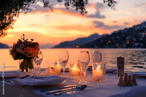 Illustration of romantic dinner table setup with candles and flowers overlooking a beautiful sunset over the sea in italy